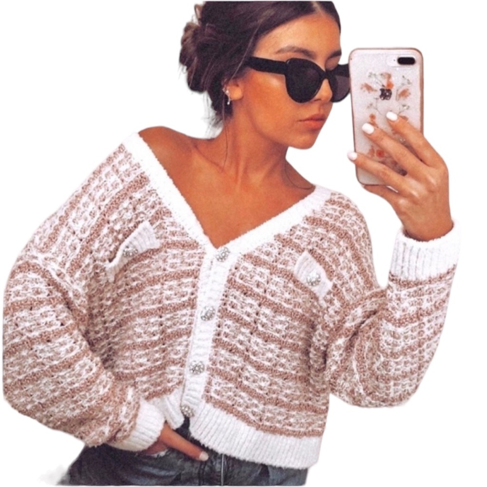 New ZARA Pink Cream Knit Sweater Cardigan Small Jewel Buttons Metallic Thread